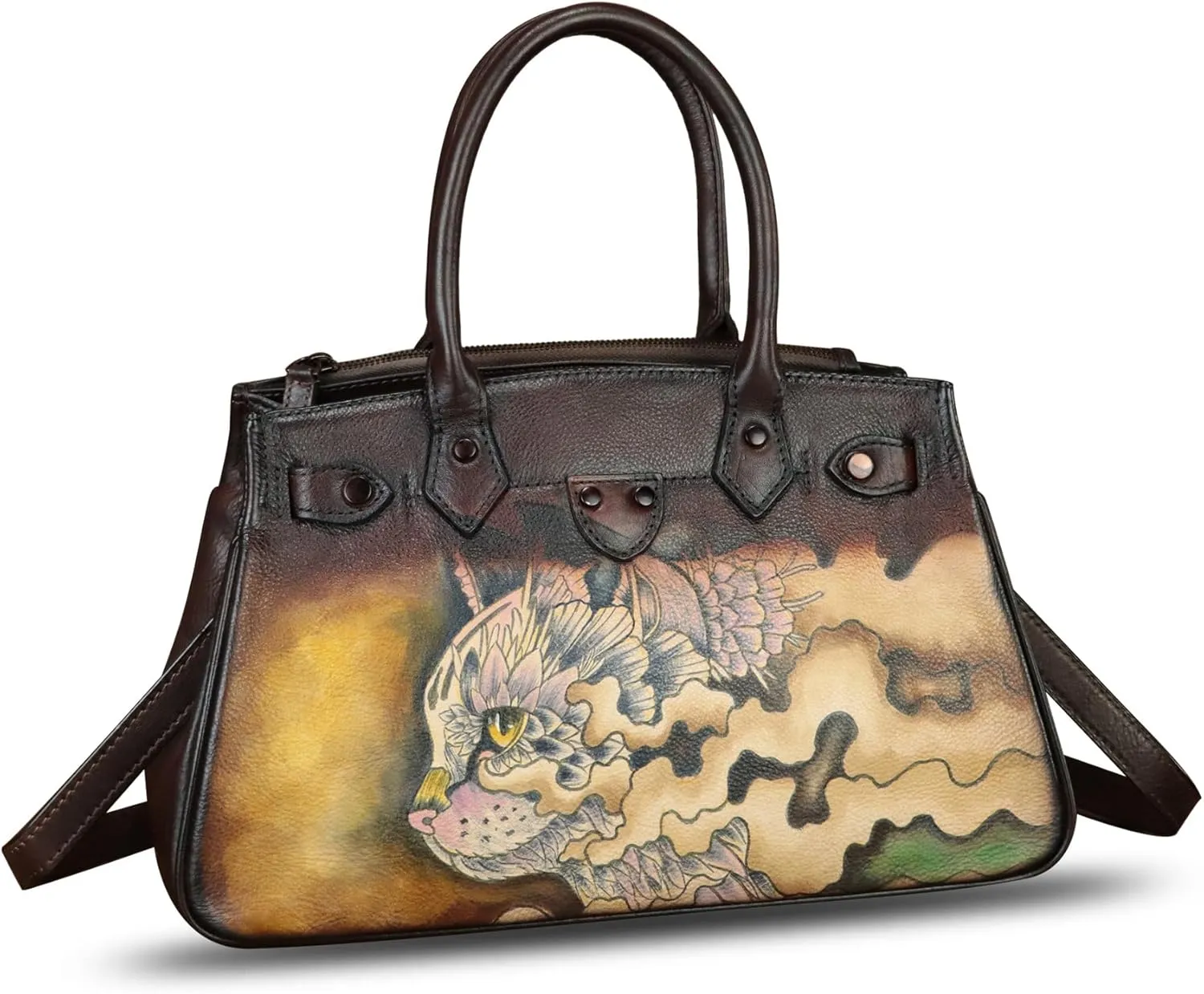Genuine Leather Satchel for Women Hand Painted Leather Handbag Top Handle Bags Handmade Crossbody Purse Work Tote