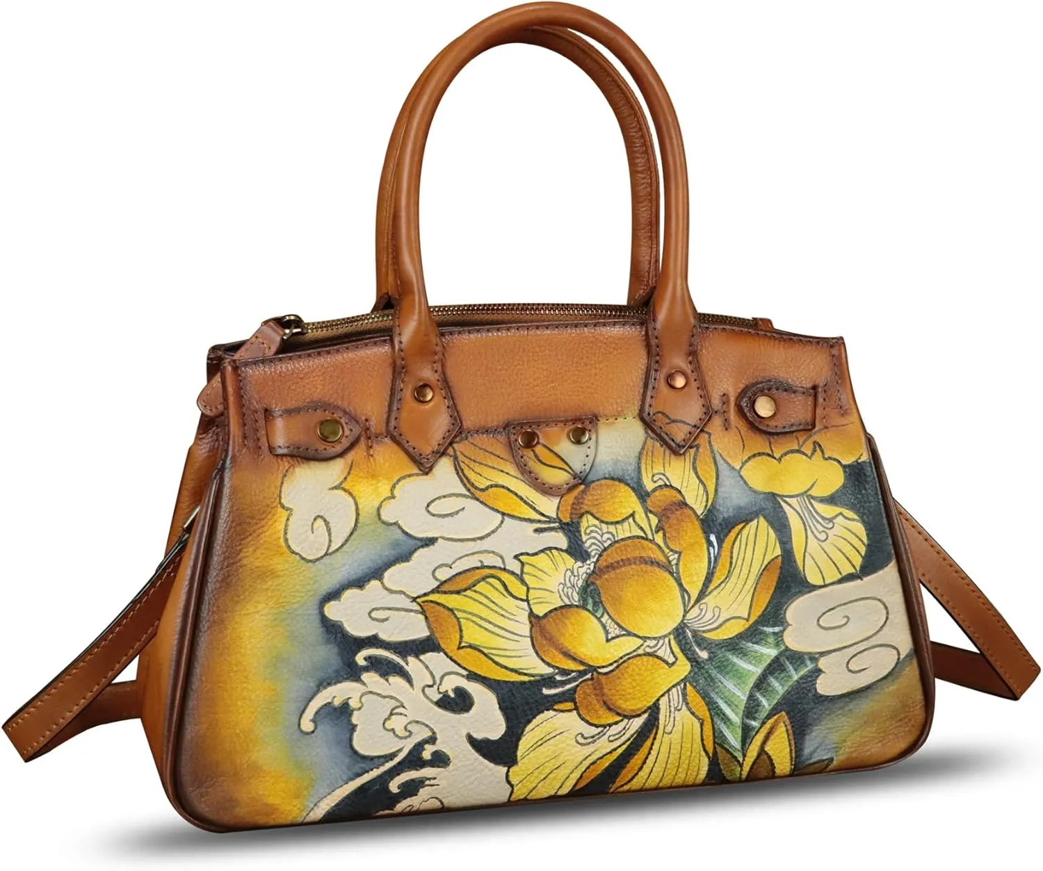 Genuine Leather Satchel for Women Hand Painted Leather Handbag Top Handle Bags Handmade Crossbody Purse Work Tote