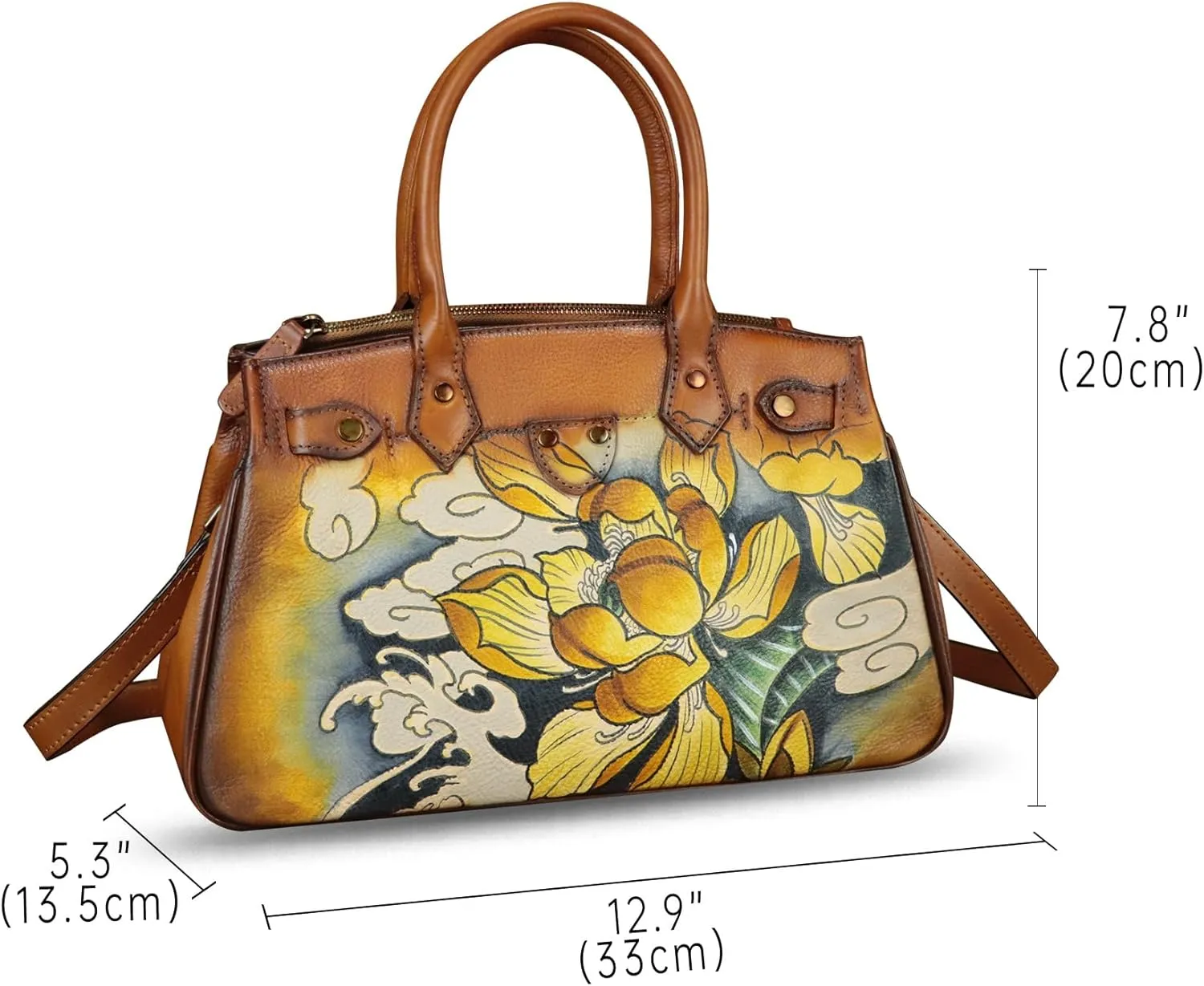 Genuine Leather Satchel for Women Hand Painted Leather Handbag Top Handle Bags Handmade Crossbody Purse Work Tote