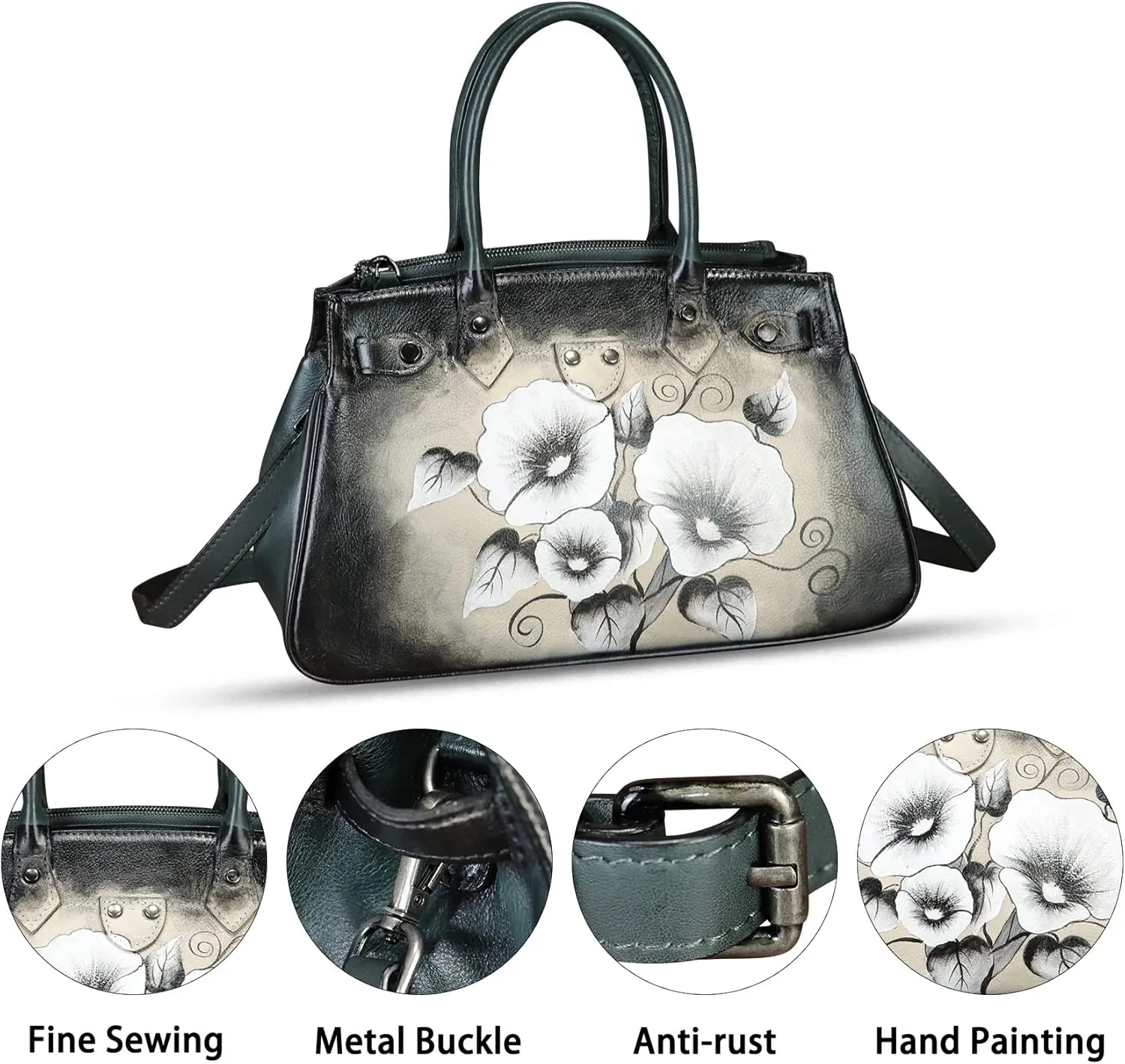 Genuine Leather Satchel for Women Hand Painted Leather Handbag Top Handle Bags Handmade Crossbody Purse Work Tote
