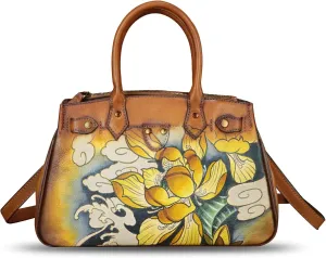 Genuine Leather Satchel for Women Hand Painted Leather Handbag Top Handle Bags Handmade Crossbody Purse Work Tote