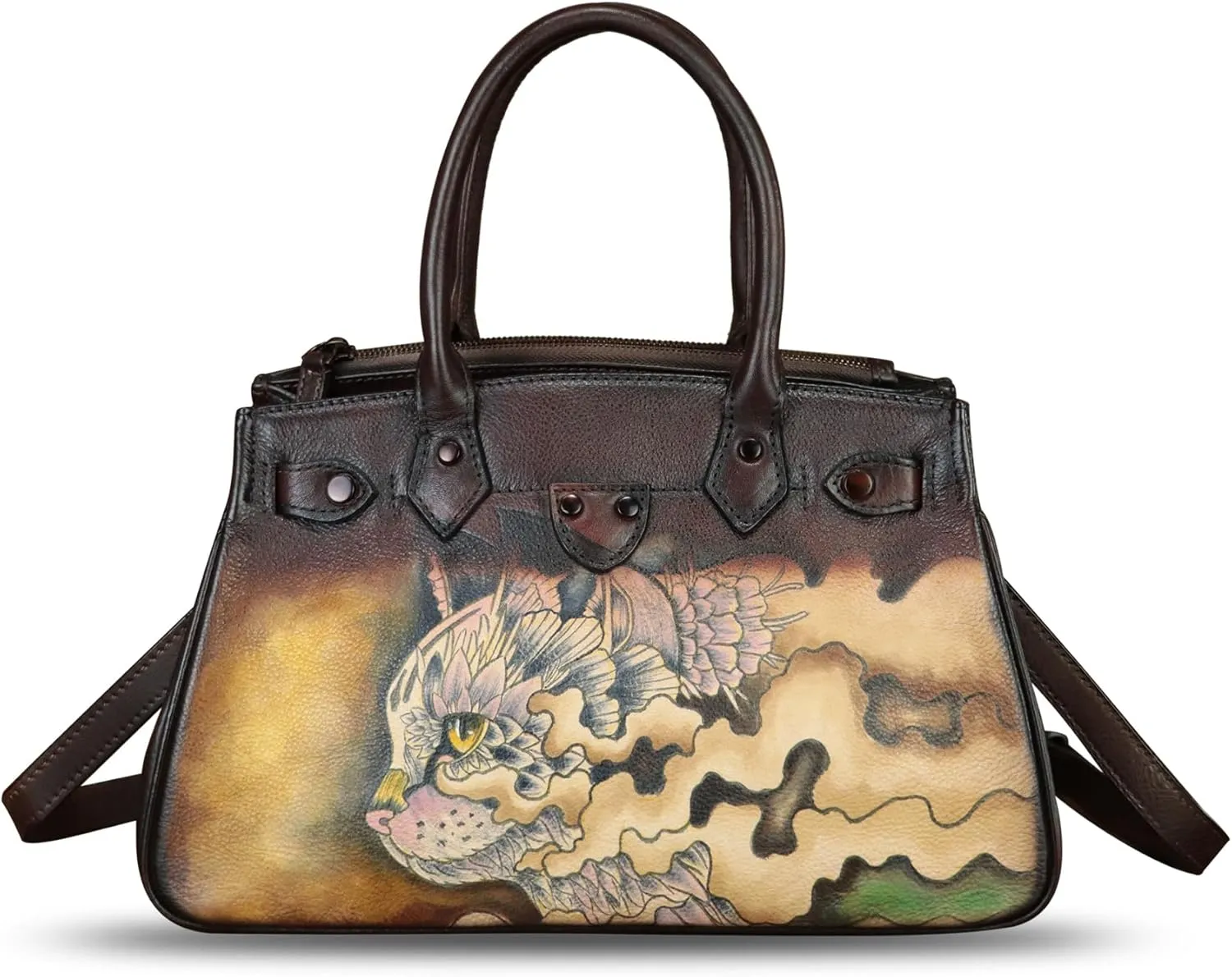 Genuine Leather Satchel for Women Hand Painted Leather Handbag Top Handle Bags Handmade Crossbody Purse Work Tote