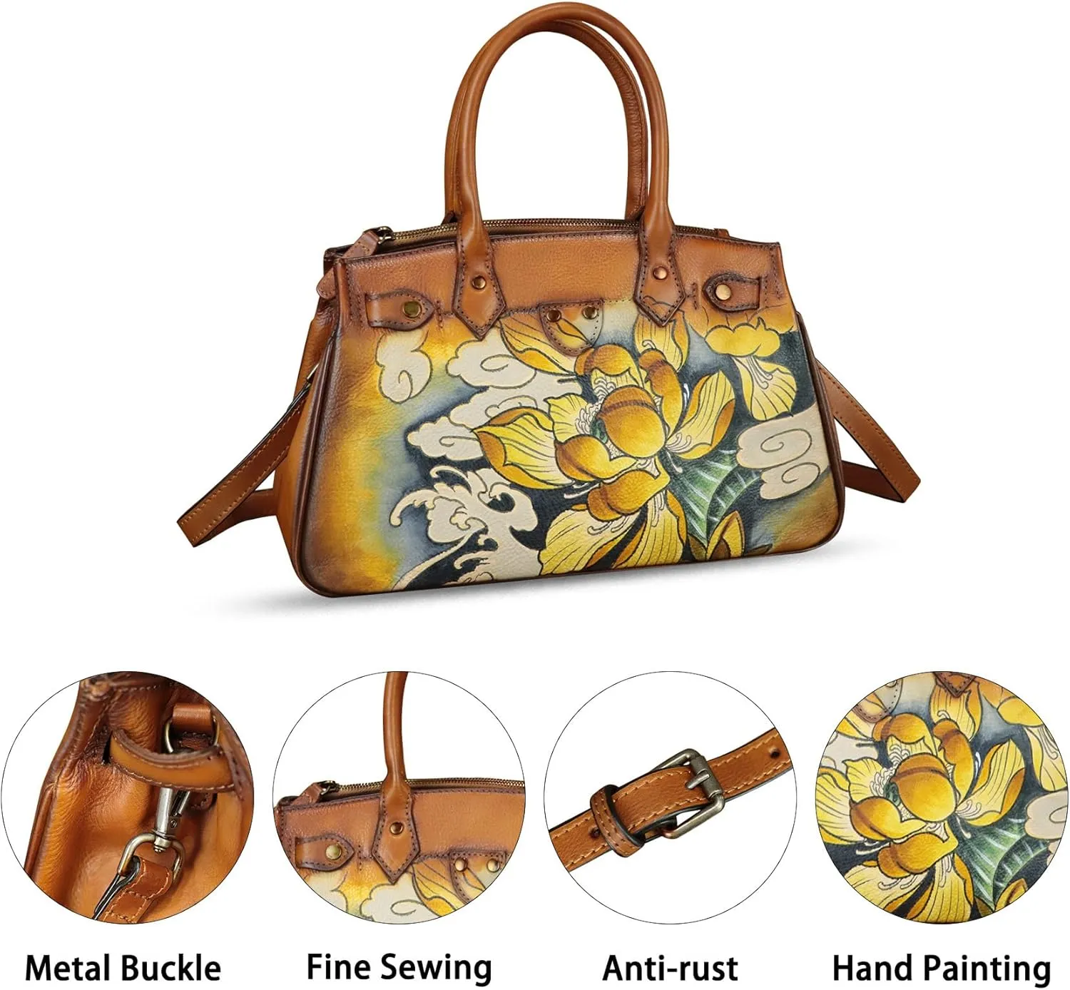 Genuine Leather Satchel for Women Hand Painted Leather Handbag Top Handle Bags Handmade Crossbody Purse Work Tote