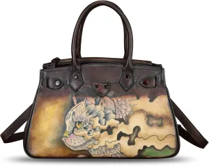 Genuine Leather Satchel for Women Hand Painted Leather Handbag Top Handle Bags Handmade Crossbody Purse Work Tote
