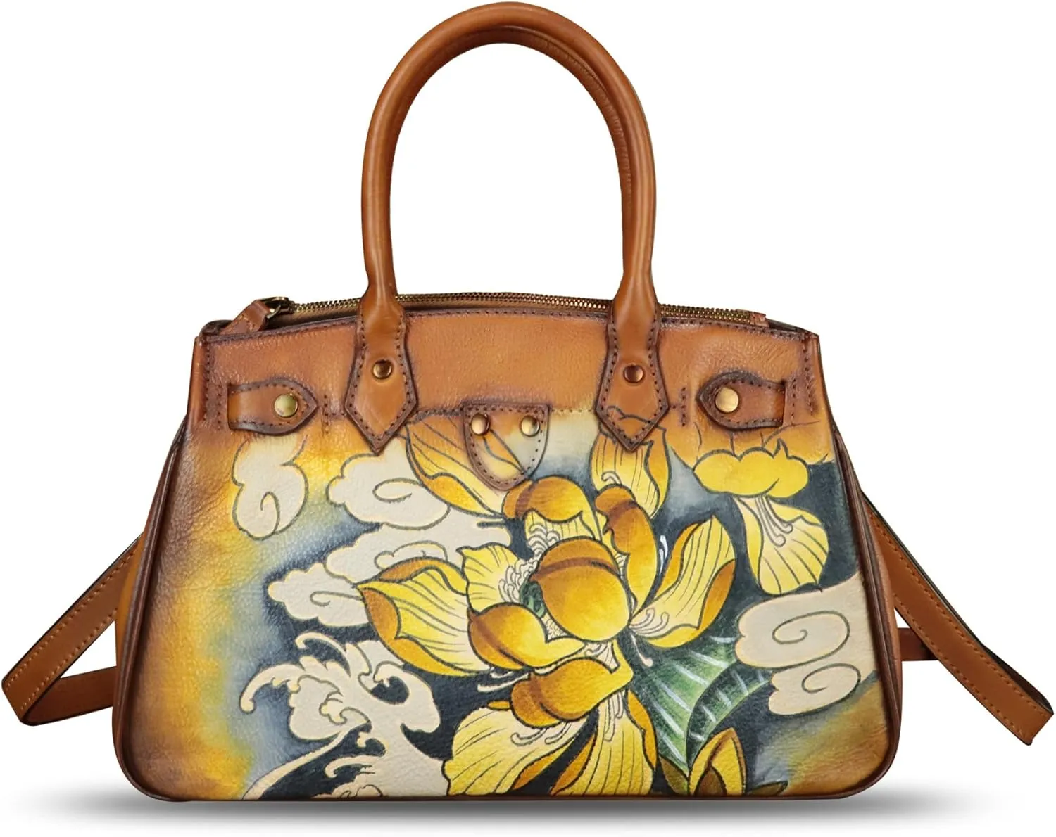 Genuine Leather Satchel for Women Hand Painted Leather Handbag Top Handle Bags Handmade Crossbody Purse Work Tote