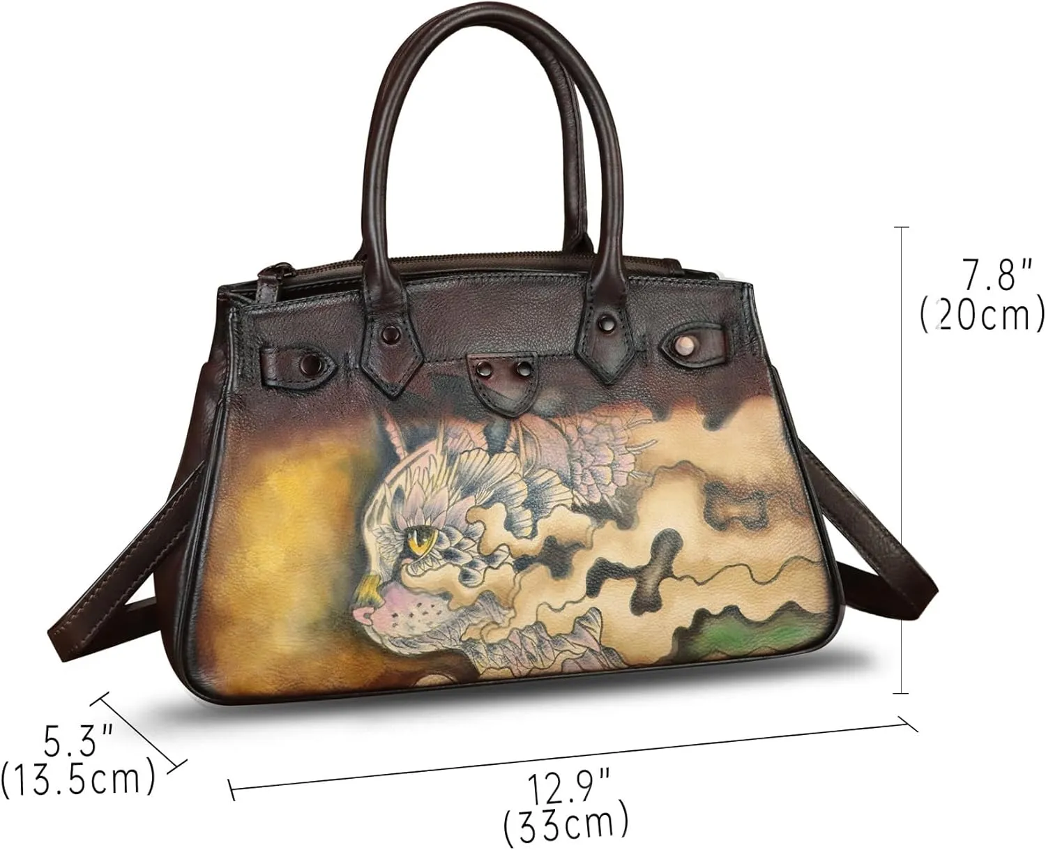 Genuine Leather Satchel for Women Hand Painted Leather Handbag Top Handle Bags Handmade Crossbody Purse Work Tote