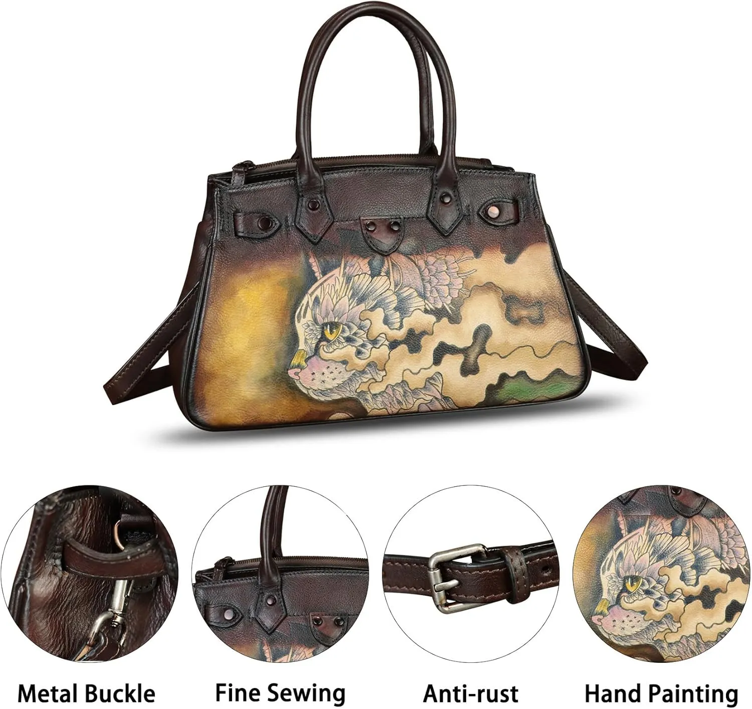 Genuine Leather Satchel for Women Hand Painted Leather Handbag Top Handle Bags Handmade Crossbody Purse Work Tote