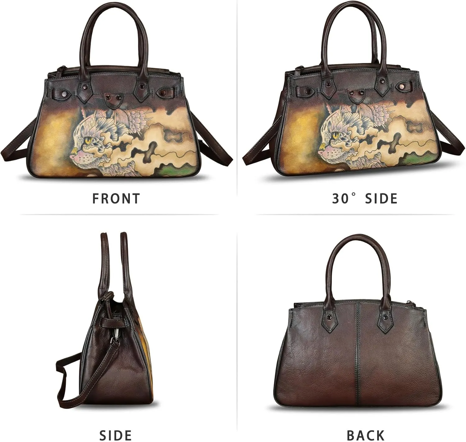 Genuine Leather Satchel for Women Hand Painted Leather Handbag Top Handle Bags Handmade Crossbody Purse Work Tote