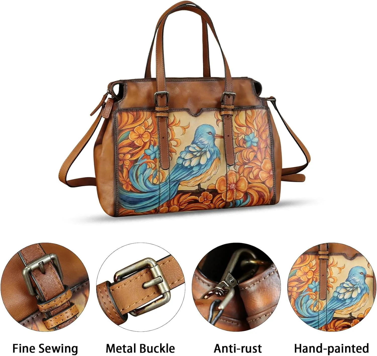 Genuine Leather Satchel for Women Hand Painted Pattern Handbag Top Handle Bags Handmade Crossbody Purse Work Tote