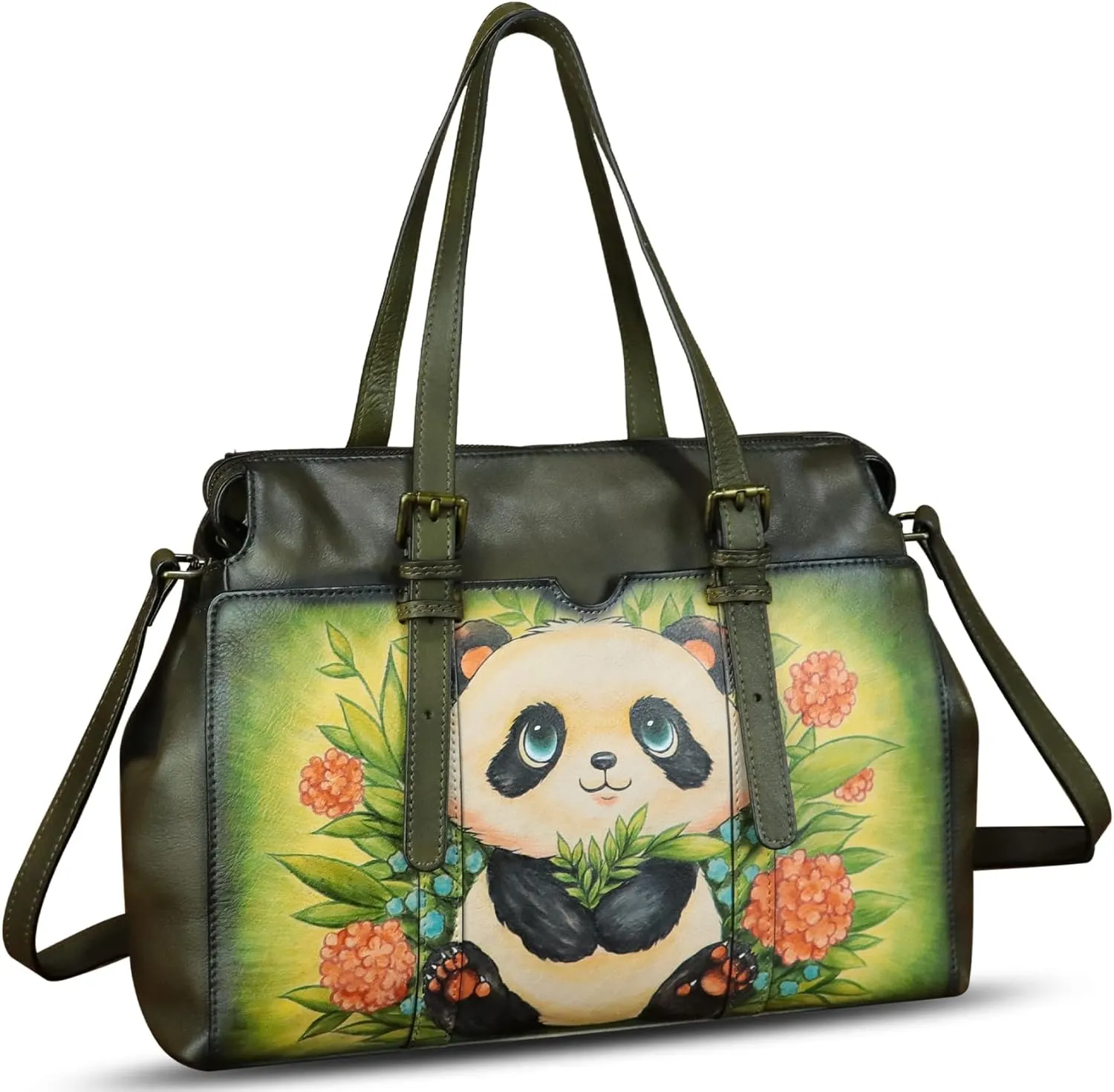 Genuine Leather Satchel for Women Hand Painted Pattern Handbag Top Handle Bags Handmade Crossbody Purse Work Tote