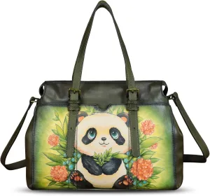 Genuine Leather Satchel for Women Hand Painted Pattern Handbag Top Handle Bags Handmade Crossbody Purse Work Tote