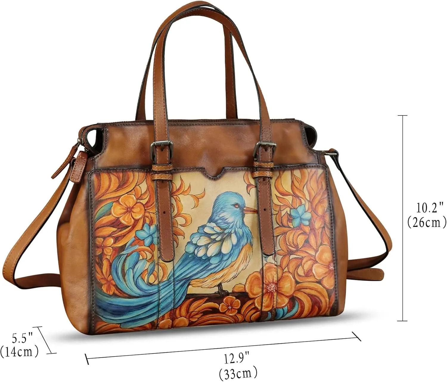 Genuine Leather Satchel for Women Hand Painted Pattern Handbag Top Handle Bags Handmade Crossbody Purse Work Tote