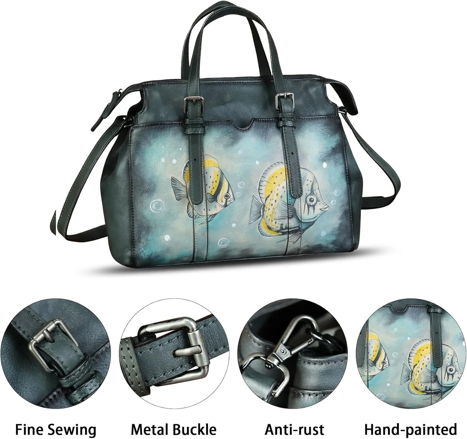 Genuine Leather Satchel for Women Hand Painted Pattern Handbag Top Handle Bags Handmade Crossbody Purse Work Tote