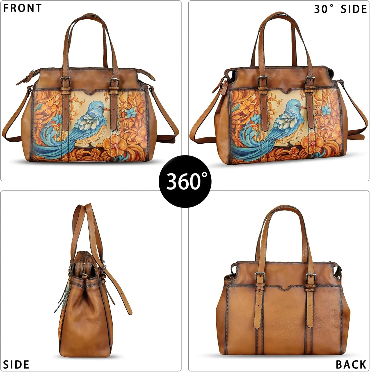 Genuine Leather Satchel for Women Hand Painted Pattern Handbag Top Handle Bags Handmade Crossbody Purse Work Tote