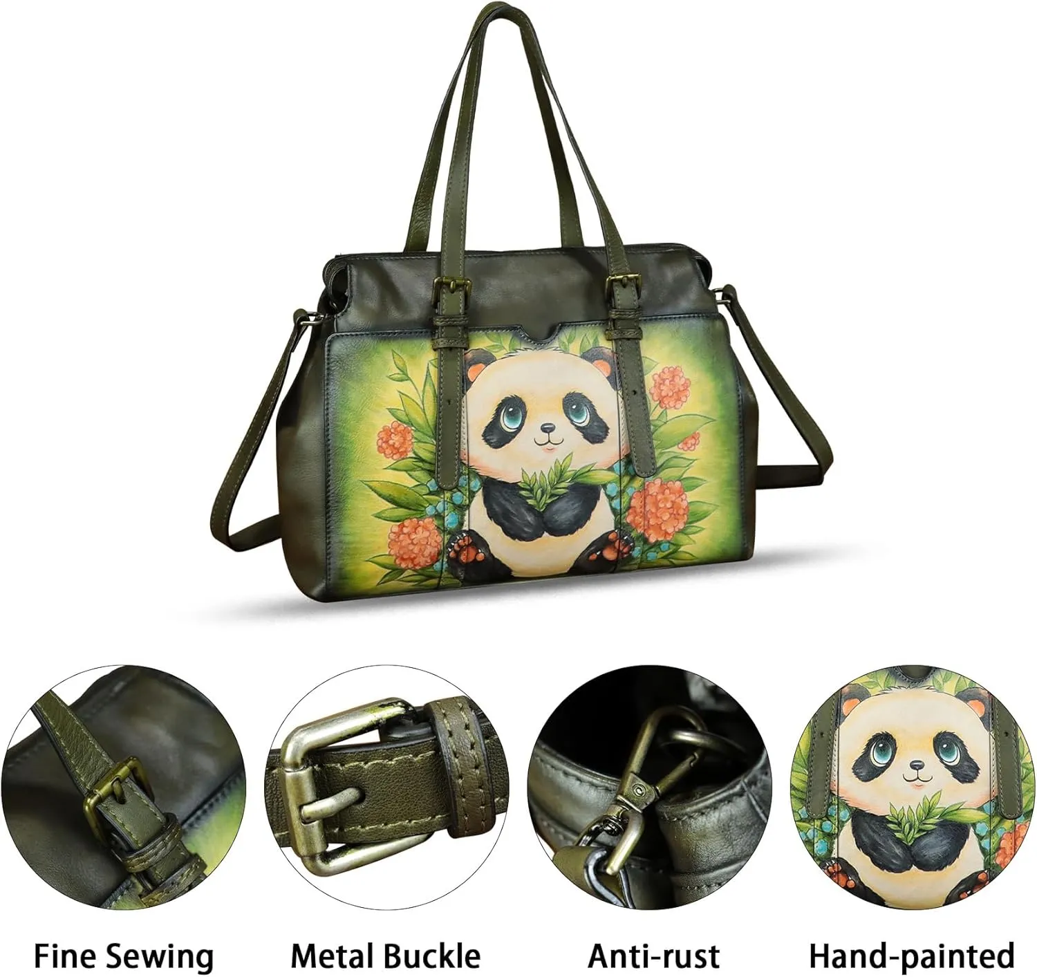 Genuine Leather Satchel for Women Hand Painted Pattern Handbag Top Handle Bags Handmade Crossbody Purse Work Tote