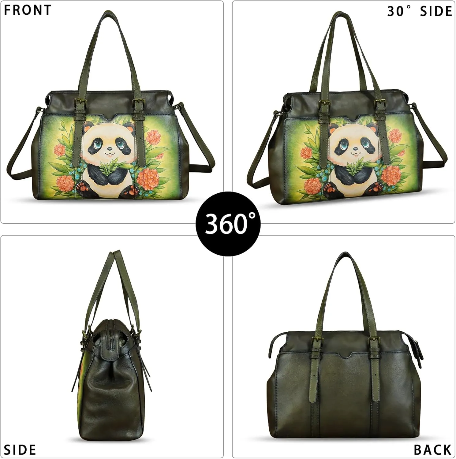 Genuine Leather Satchel for Women Hand Painted Pattern Handbag Top Handle Bags Handmade Crossbody Purse Work Tote