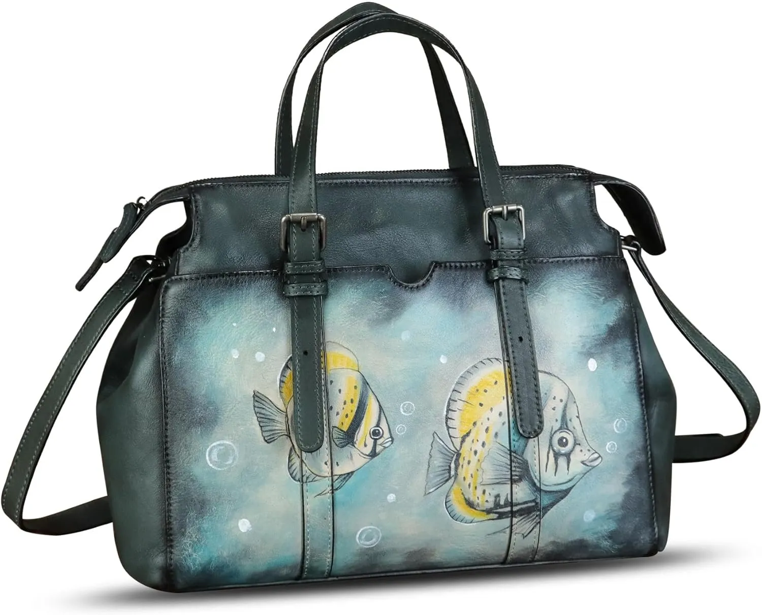 Genuine Leather Satchel for Women Hand Painted Pattern Handbag Top Handle Bags Handmade Crossbody Purse Work Tote