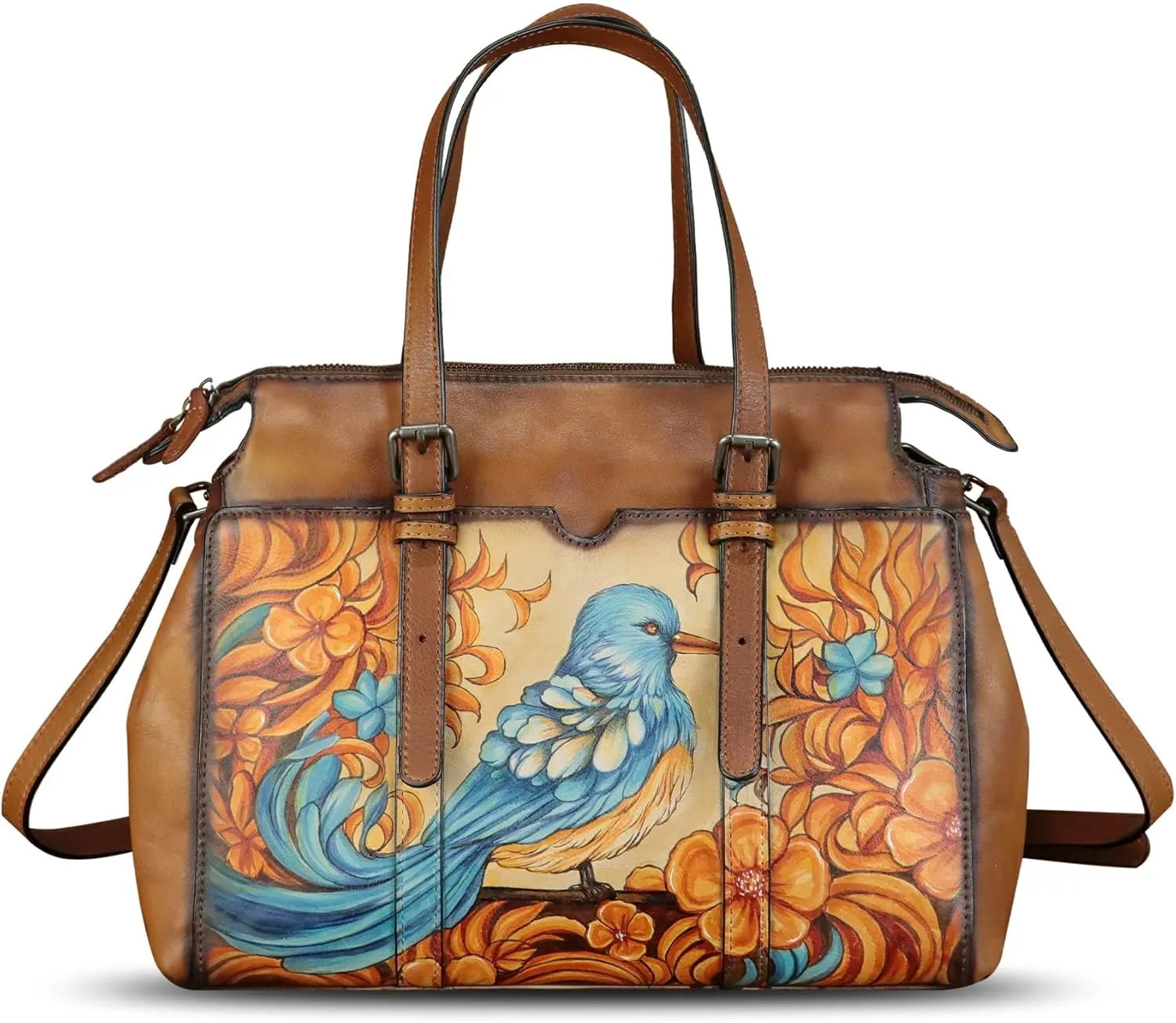 Genuine Leather Satchel for Women Hand Painted Pattern Handbag Top Handle Bags Handmade Crossbody Purse Work Tote