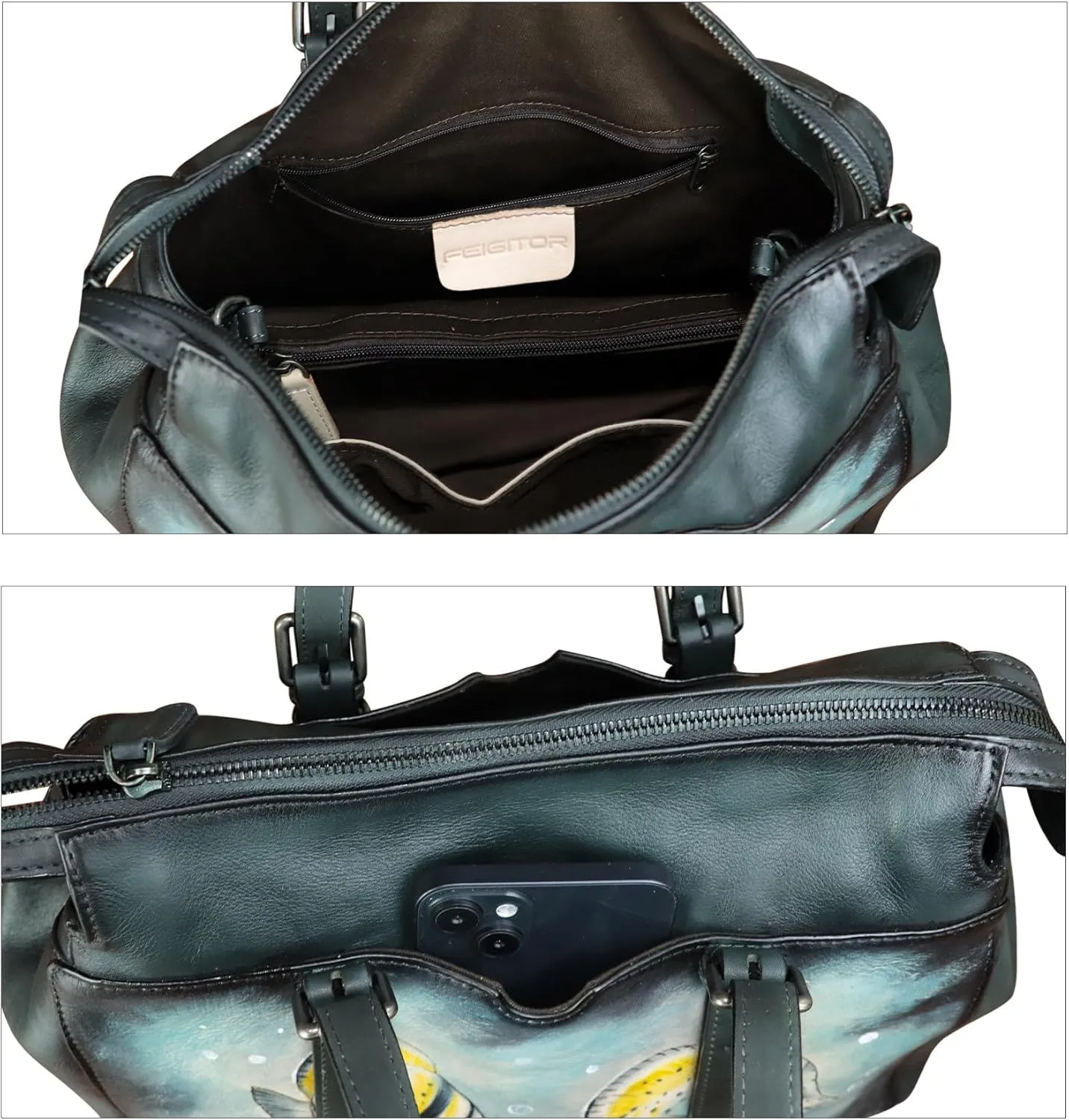 Genuine Leather Satchel for Women Hand Painted Pattern Handbag Top Handle Bags Handmade Crossbody Purse Work Tote