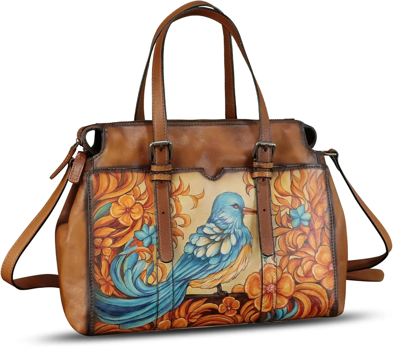 Genuine Leather Satchel for Women Hand Painted Pattern Handbag Top Handle Bags Handmade Crossbody Purse Work Tote