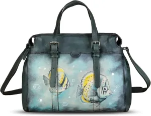 Genuine Leather Satchel for Women Hand Painted Pattern Handbag Top Handle Bags Handmade Crossbody Purse Work Tote