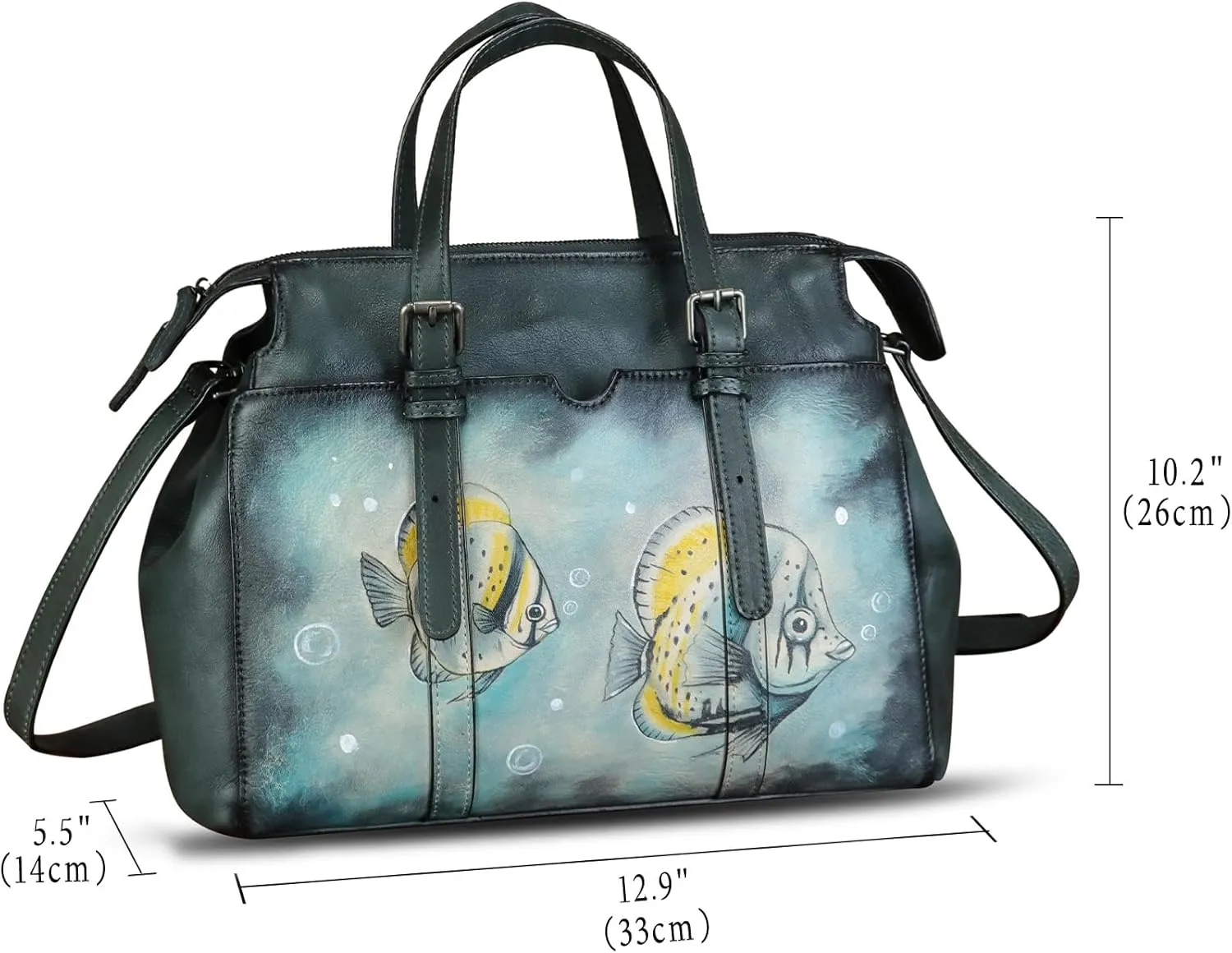 Genuine Leather Satchel for Women Hand Painted Pattern Handbag Top Handle Bags Handmade Crossbody Purse Work Tote