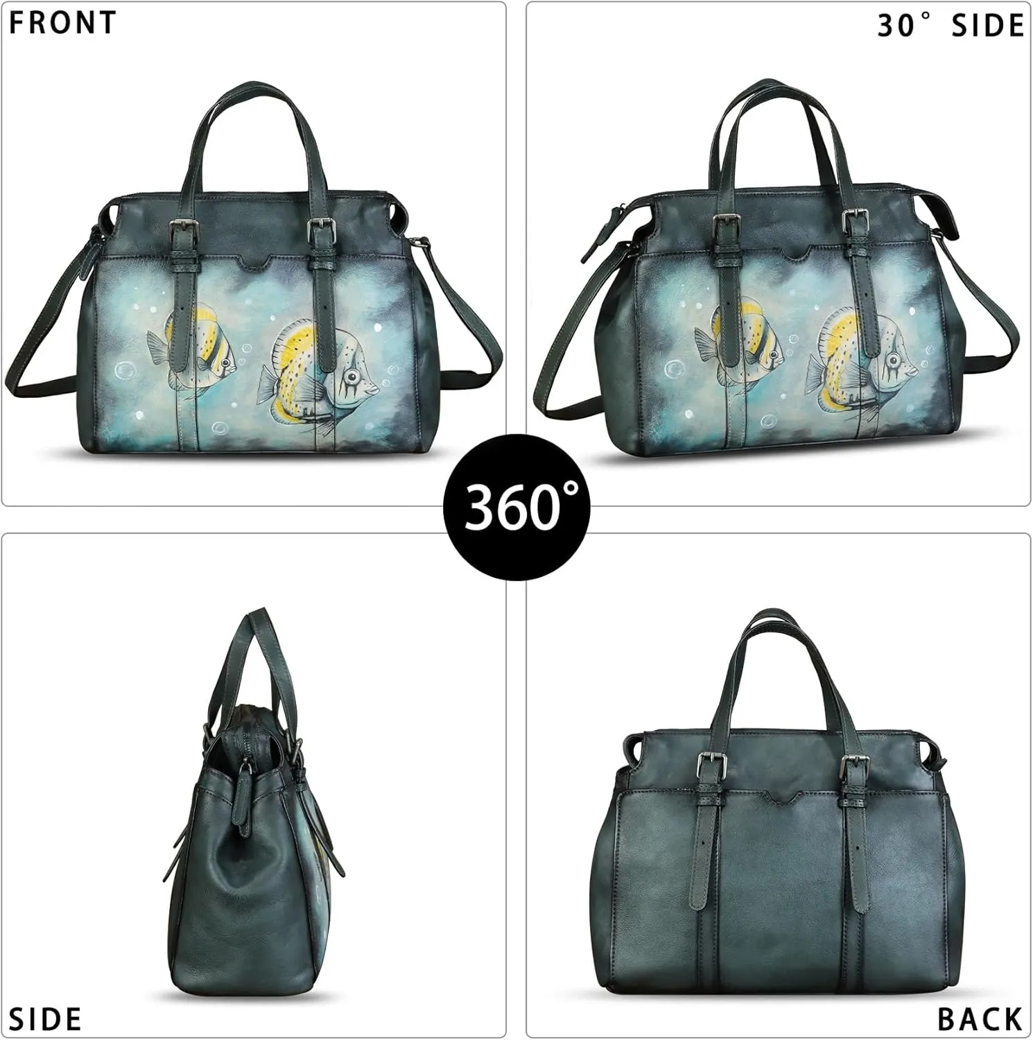 Genuine Leather Satchel for Women Hand Painted Pattern Handbag Top Handle Bags Handmade Crossbody Purse Work Tote