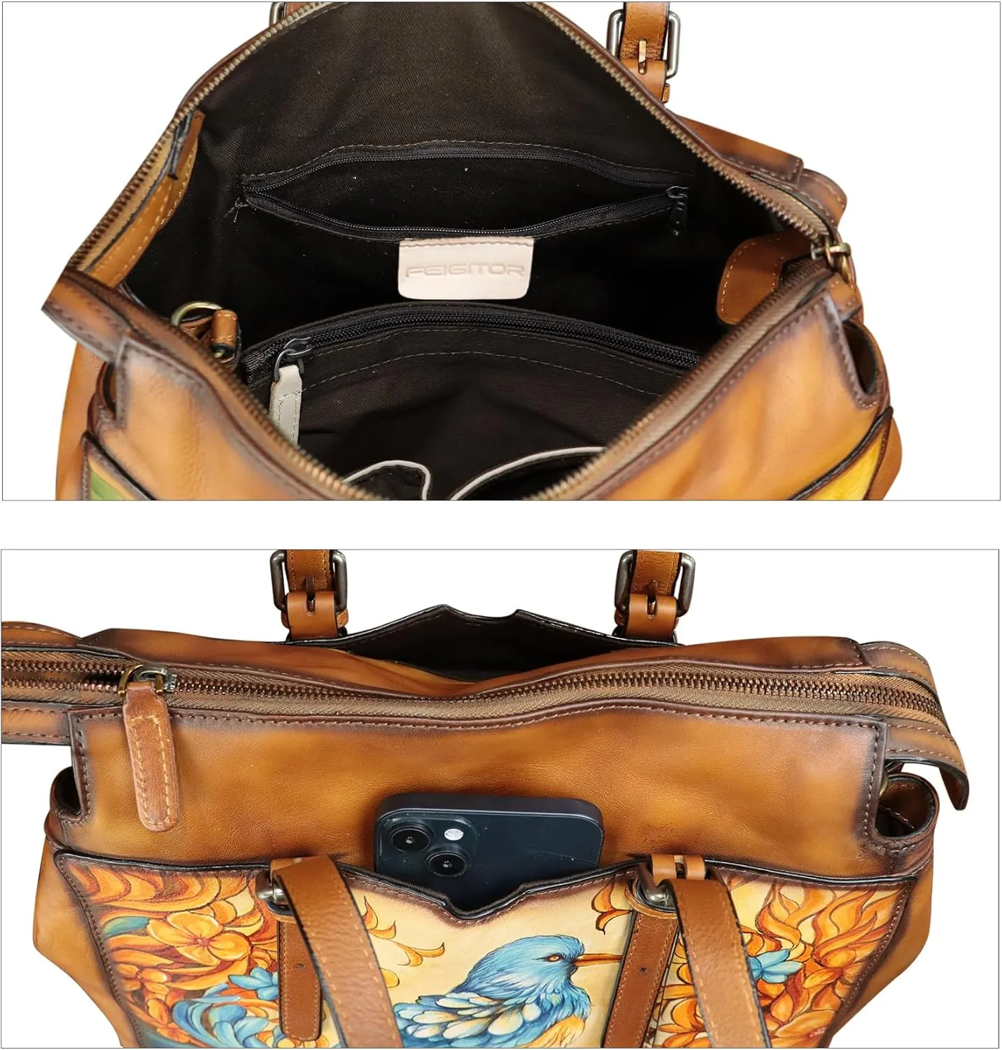 Genuine Leather Satchel for Women Hand Painted Pattern Handbag Top Handle Bags Handmade Crossbody Purse Work Tote