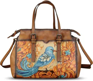Genuine Leather Satchel for Women Hand Painted Pattern Handbag Top Handle Bags Handmade Crossbody Purse Work Tote
