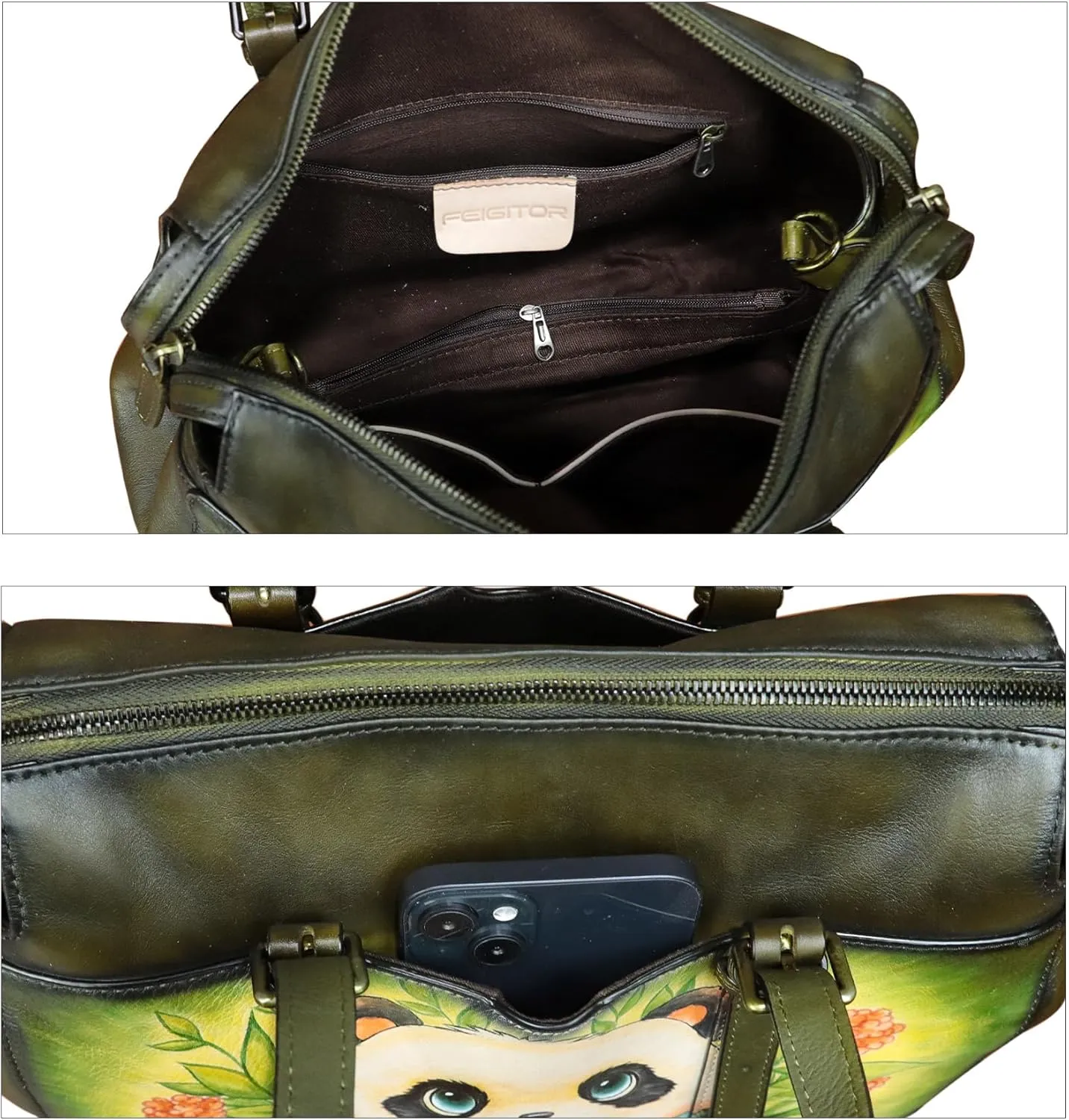 Genuine Leather Satchel for Women Hand Painted Pattern Handbag Top Handle Bags Handmade Crossbody Purse Work Tote