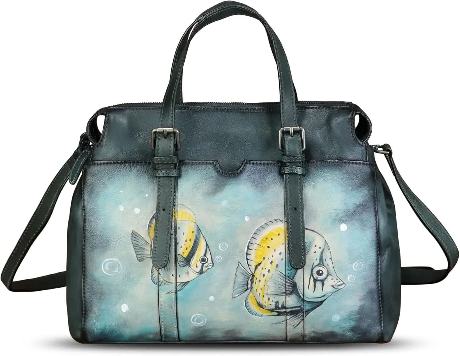 Genuine Leather Satchel for Women Hand Painted Pattern Handbag Top Handle Bags Handmade Crossbody Purse Work Tote