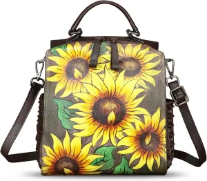 Genuine Leather Satchel for Women Hand Painted Purse Crossbody Handbag Top Handle Bags Handmade Convertible Backpack