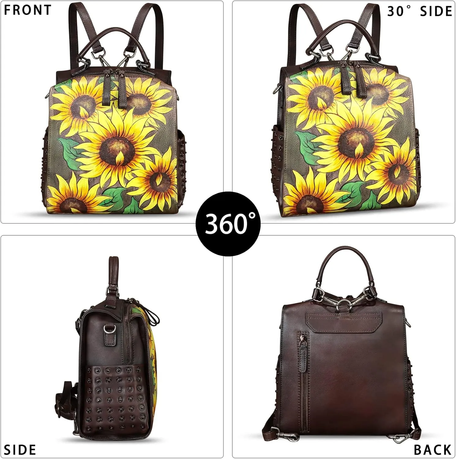 Genuine Leather Satchel for Women Hand Painted Purse Crossbody Handbag Top Handle Bags Handmade Convertible Backpack