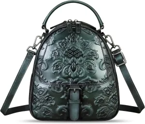 Genuine Leather Satchel for Women Purse Embossed Crossbody Handbag Top Handle Bags Handmade Convertible Backpack Knapsack