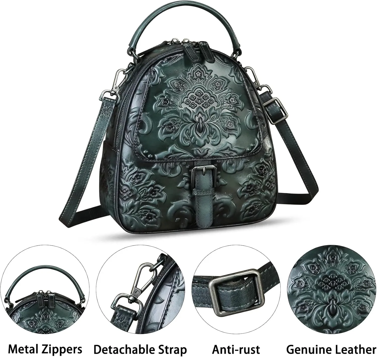 Genuine Leather Satchel for Women Purse Embossed Crossbody Handbag Top Handle Bags Handmade Convertible Backpack Knapsack