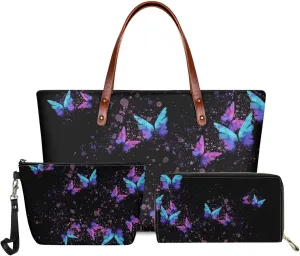 GIFTPUZZ Women Top Handle Bags Handbags with Zipper Leather Wallet Cash Card Phone Holder and Makeup Bag Set 3pcs