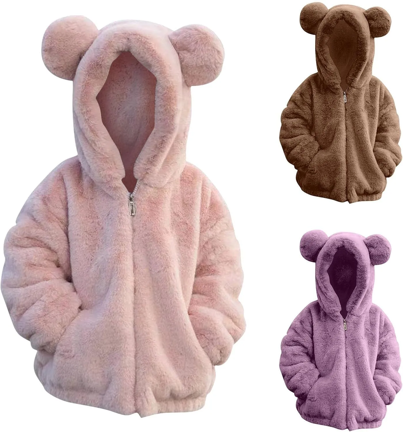 Girls Fleece Jacket Kids Toddler Teddy Coat Zip Up Hoodie Cute Bear Soft Fuzzy Fleece Hooded Sweatshirt Winter Coat