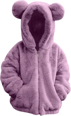 Girls Fleece Jacket Kids Toddler Teddy Coat Zip Up Hoodie Cute Bear Soft Fuzzy Fleece Hooded Sweatshirt Winter Coat