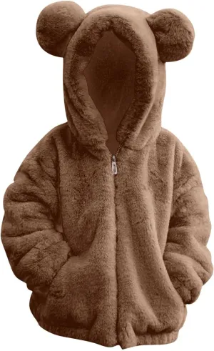 Girls Fleece Jacket Kids Toddler Teddy Coat Zip Up Hoodie Cute Bear Soft Fuzzy Fleece Hooded Sweatshirt Winter Coat