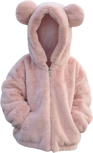 Girls Fleece Jacket Kids Toddler Teddy Coat Zip Up Hoodie Cute Bear Soft Fuzzy Fleece Hooded Sweatshirt Winter Coat