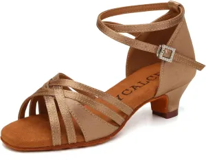 Girl's Latin Dance Shoes Low Heel Professional Performance Salsa Tango Ballroom Dancing Shoes,Model EM-930-XGG