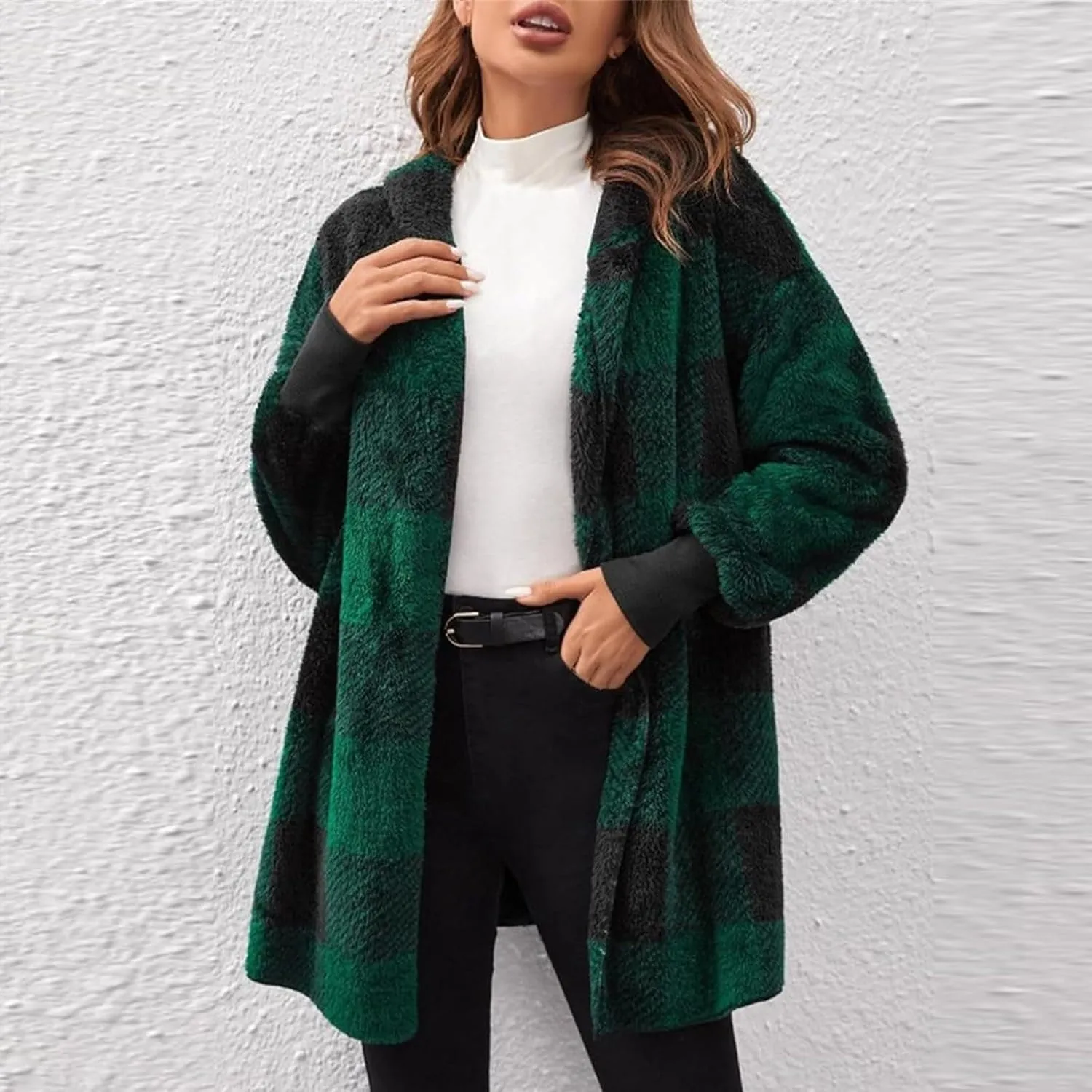 GOFULY Womens Winter Coats Trendy Fuzzy Fleece Hoodies Open Front Fall Sherpa Jackets Warm Plaid Cardigans Casual Outerwear