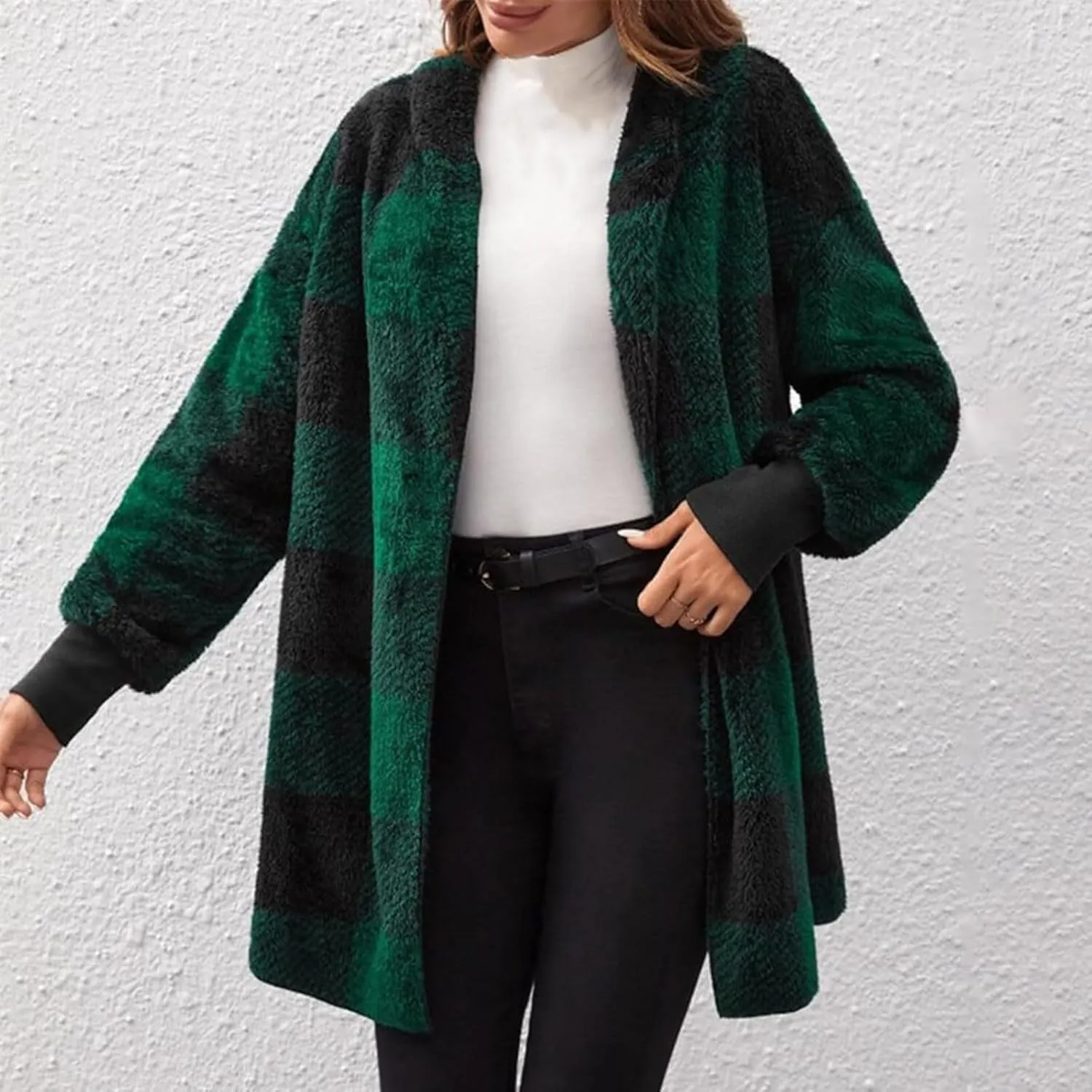 GOFULY Womens Winter Coats Trendy Fuzzy Fleece Hoodies Open Front Fall Sherpa Jackets Warm Plaid Cardigans Casual Outerwear