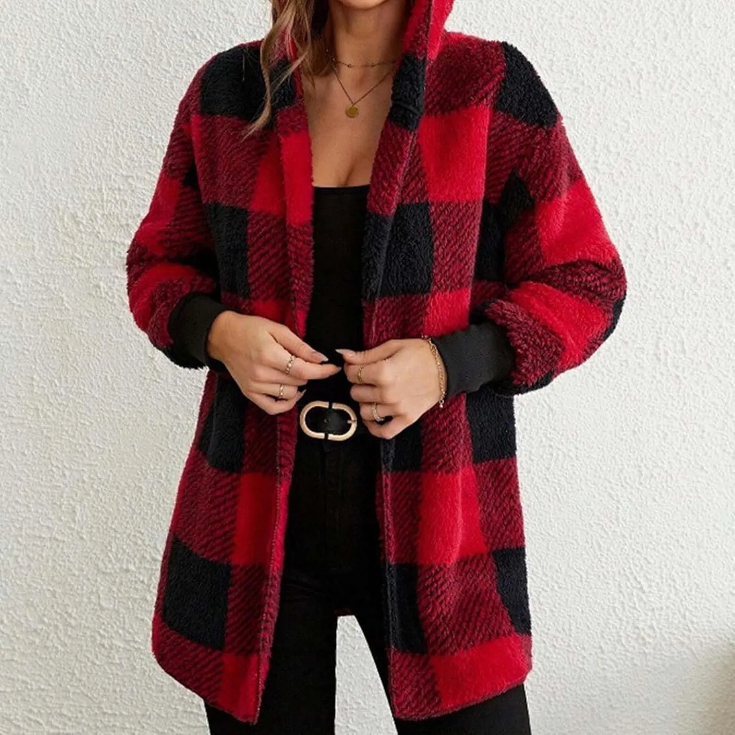 GOFULY Womens Winter Coats Trendy Fuzzy Fleece Hoodies Open Front Fall Sherpa Jackets Warm Plaid Cardigans Casual Outerwear