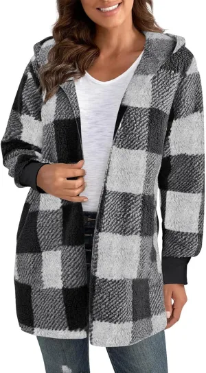 GOFULY Womens Winter Coats Trendy Fuzzy Fleece Hoodies Open Front Fall Sherpa Jackets Warm Plaid Cardigans Casual Outerwear