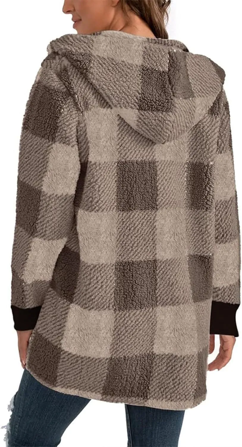 GOFULY Womens Winter Coats Trendy Fuzzy Fleece Hoodies Open Front Fall Sherpa Jackets Warm Plaid Cardigans Casual Outerwear