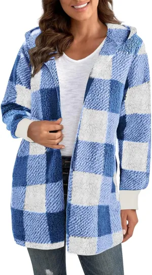 GOFULY Womens Winter Coats Trendy Fuzzy Fleece Hoodies Open Front Fall Sherpa Jackets Warm Plaid Cardigans Casual Outerwear
