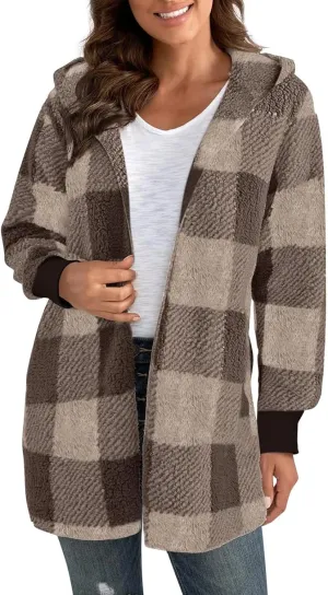 GOFULY Womens Winter Coats Trendy Fuzzy Fleece Hoodies Open Front Fall Sherpa Jackets Warm Plaid Cardigans Casual Outerwear