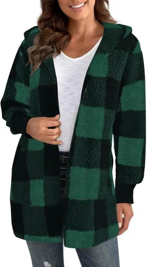 GOFULY Womens Winter Coats Trendy Fuzzy Fleece Hoodies Open Front Fall Sherpa Jackets Warm Plaid Cardigans Casual Outerwear