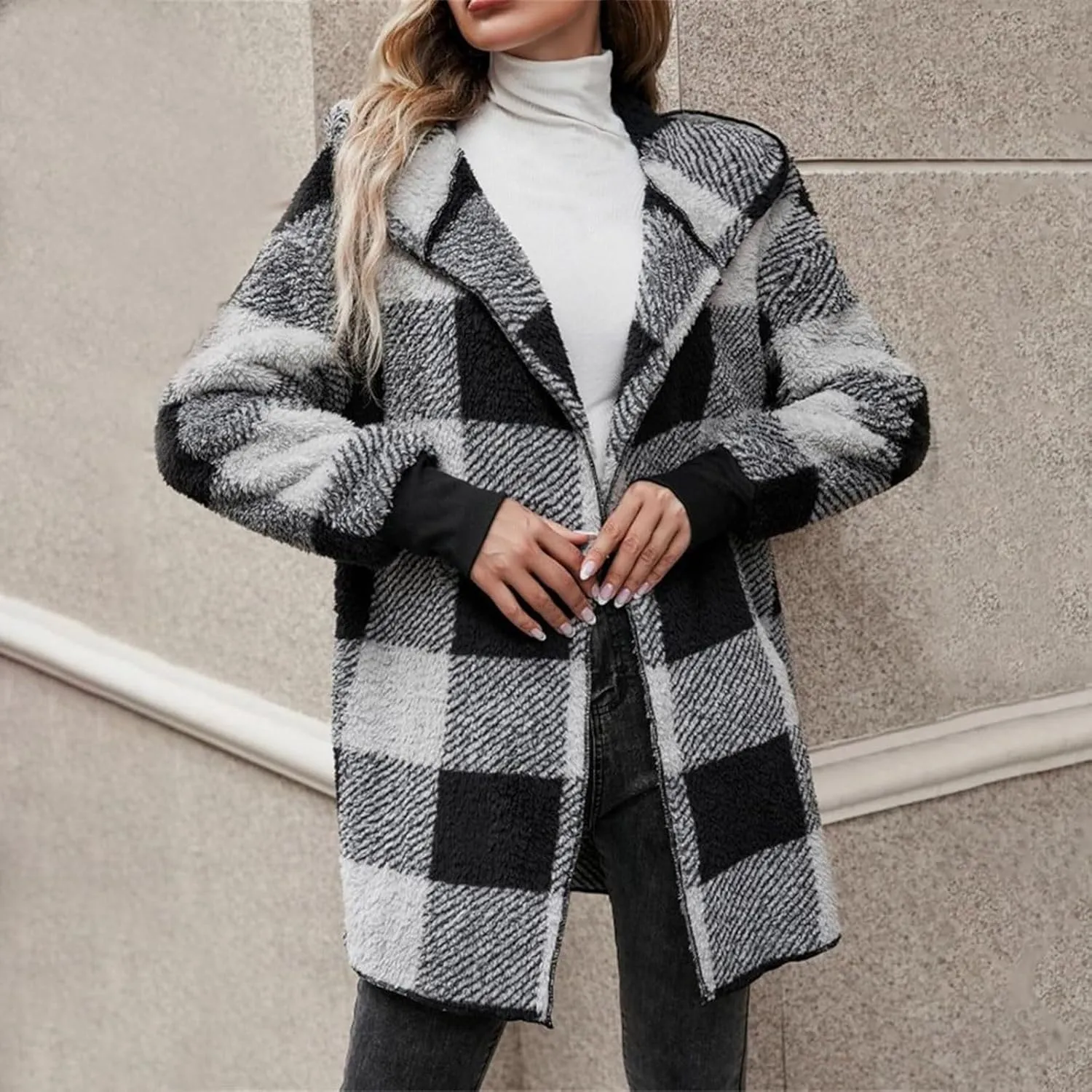 GOFULY Womens Winter Coats Trendy Fuzzy Fleece Hoodies Open Front Fall Sherpa Jackets Warm Plaid Cardigans Casual Outerwear